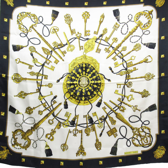 Hermes Scarf/Muffler Carre 90 LES CLES Key Silk Black x White Gold Women's t1... - Picture 1 of 5